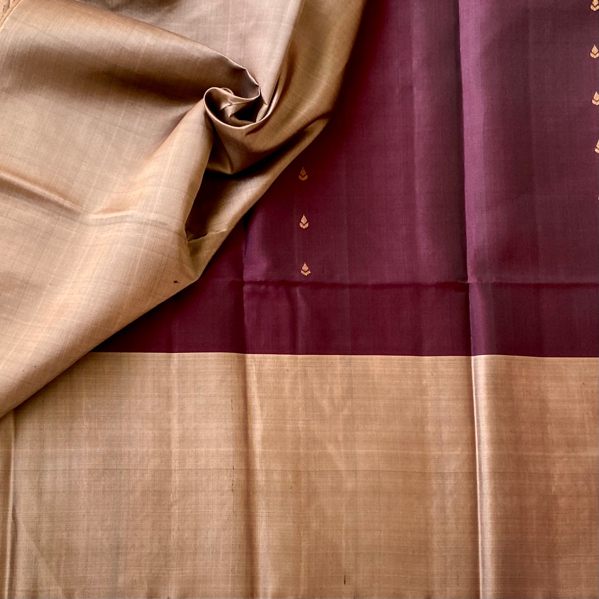 Burgundy Silk Saree with Rose Gold Brocade Pallu and Paisley