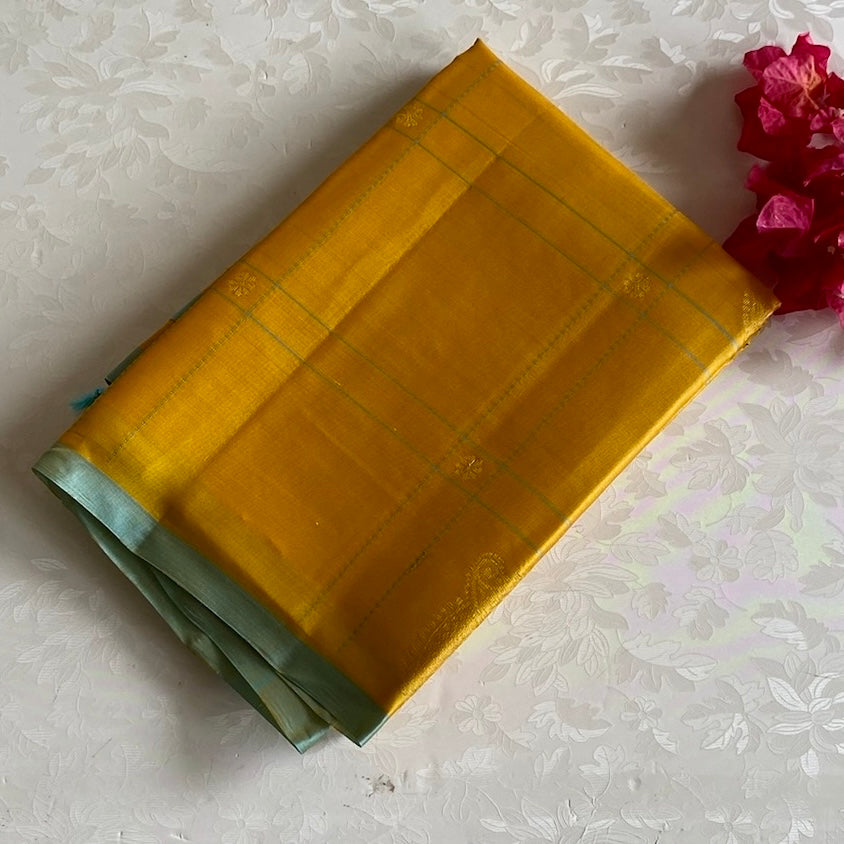 Honey Yellow Designer Pure Silk Saree With Vivid Sky Blue Pallu