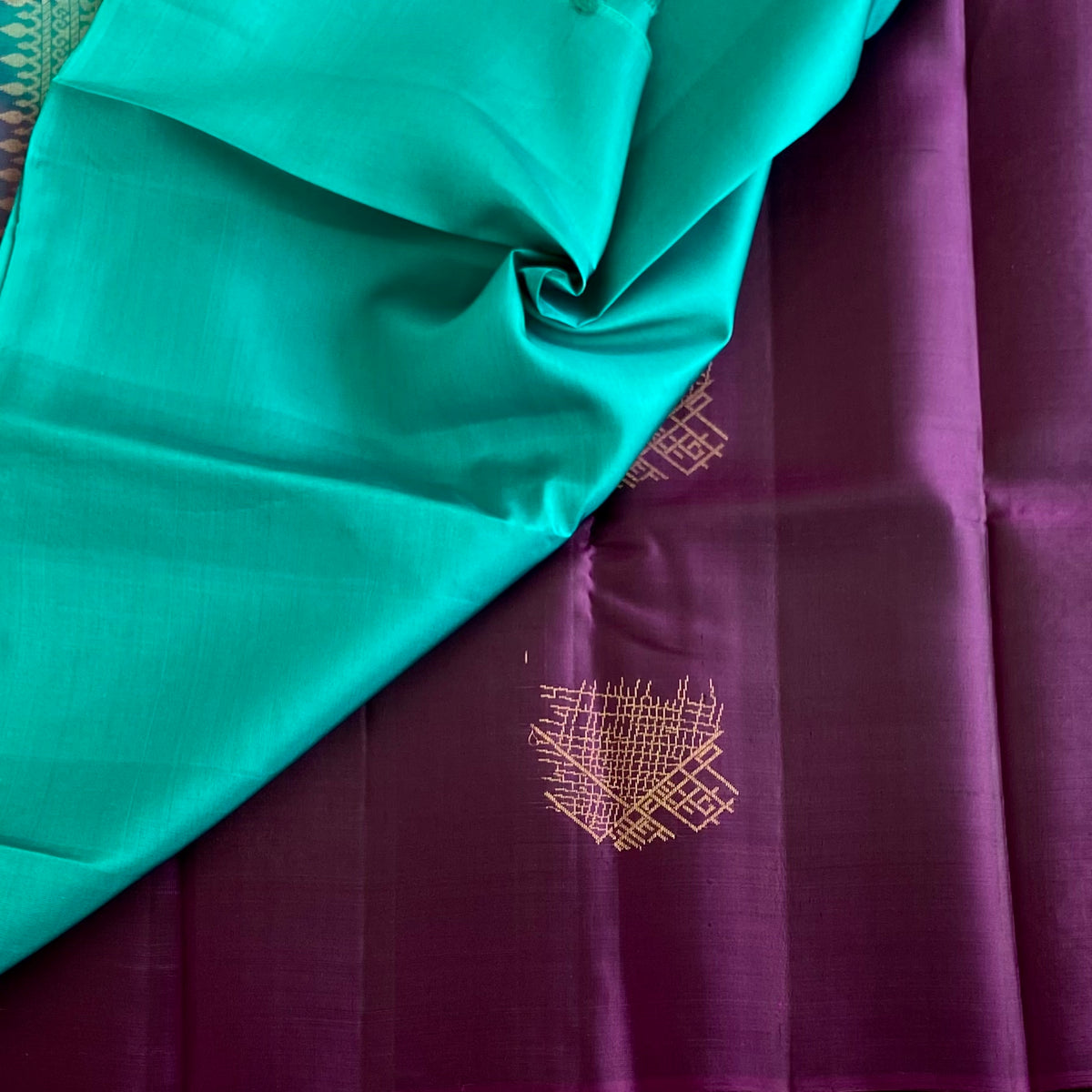 Deep Purple Designer Pure Silk Saree With Teal Green Pallu