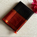 Designer Pure Silk Saree With Charcoal Black And Burnt Orange Pallu
