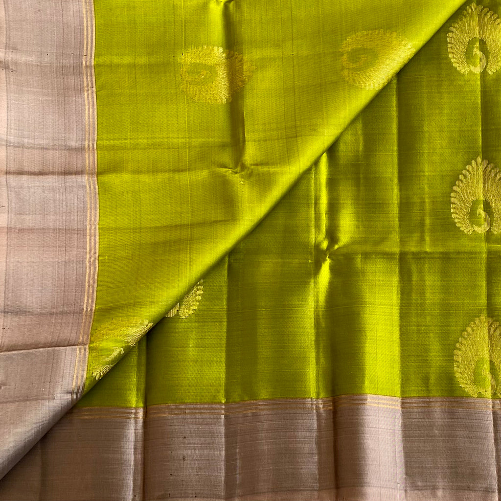 Olive Green Designer Pure Silk Saree With Taupe Grey Pallu