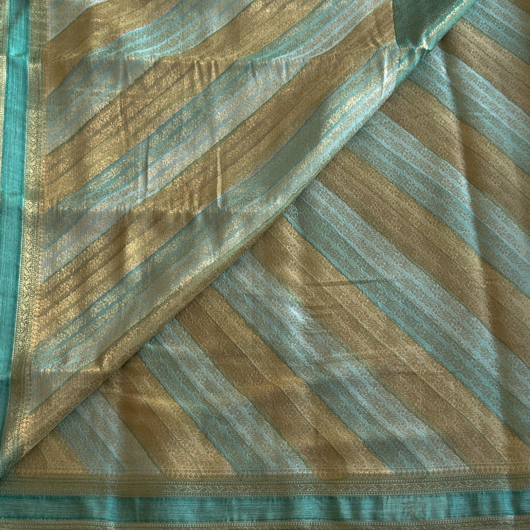 Aqua Gold Diagonal Striped Saree With Zari Border Pallu