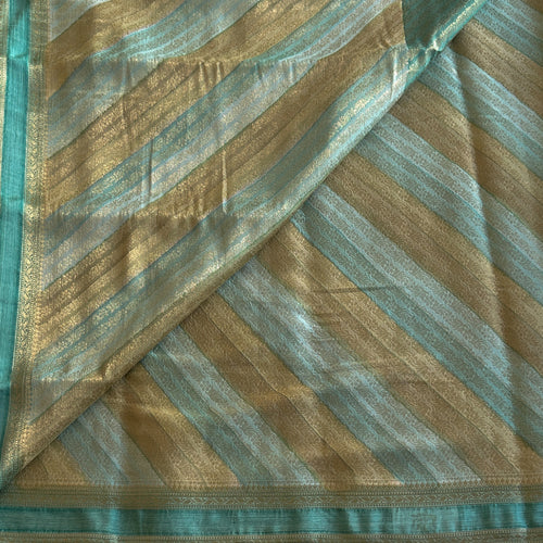 Aqua Gold Diagonal Striped Saree With Zari Border Pallu