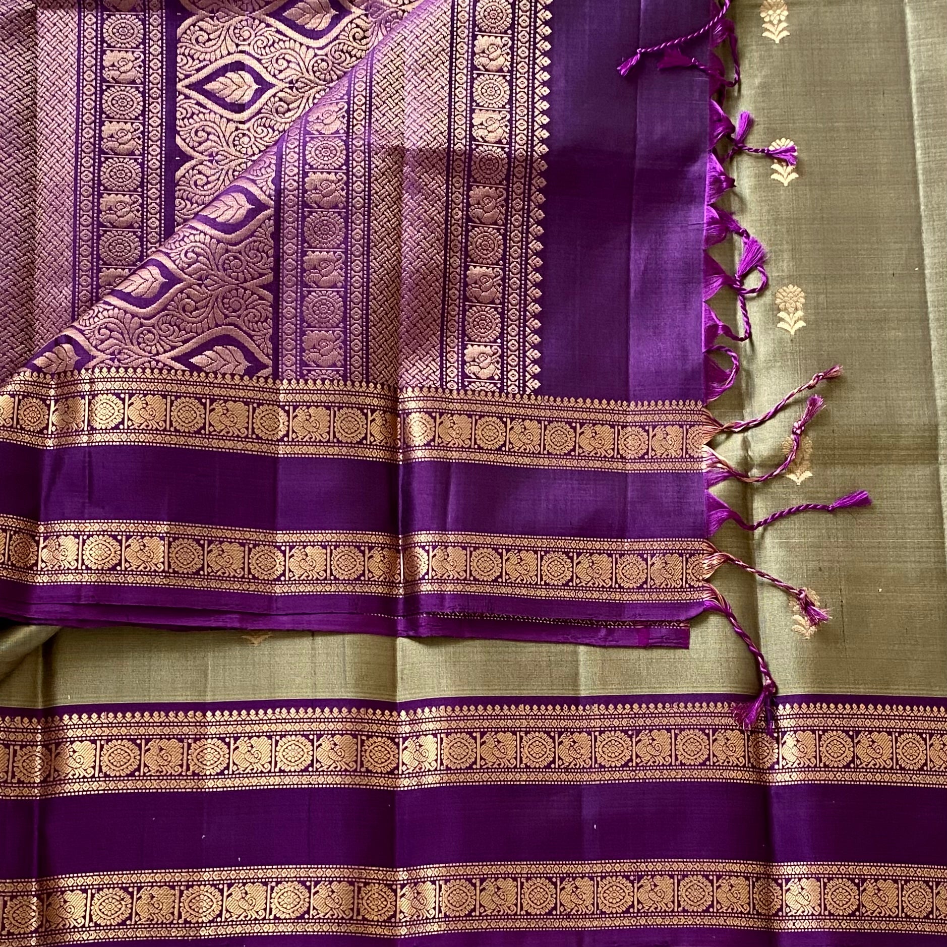 Metallic Sage Green Designer Pure Silk Saree Royal Purple Zari Borders