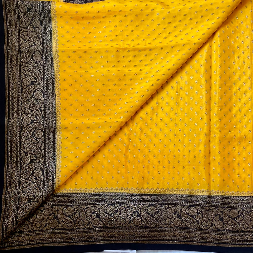 Marigold Yellow Banarasi Silk Saree with Black Paisley Brocade Pallu