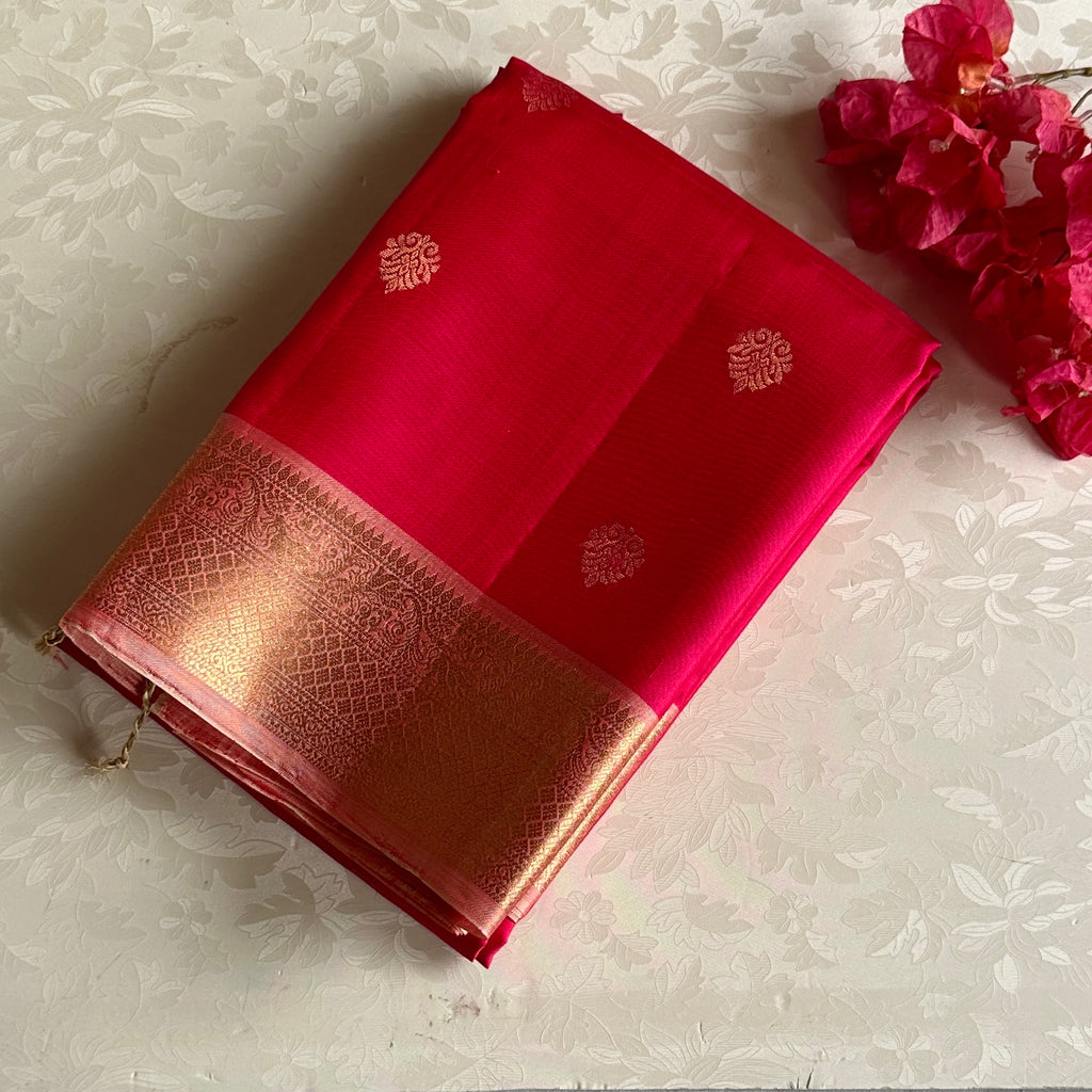 Rani Pink Designer Pure Silk Saree Peach Gold Pallu Zari Border