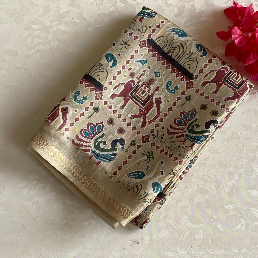 Champagne Beige Soft Tussar Silk Saree With Maroon Block Motifs