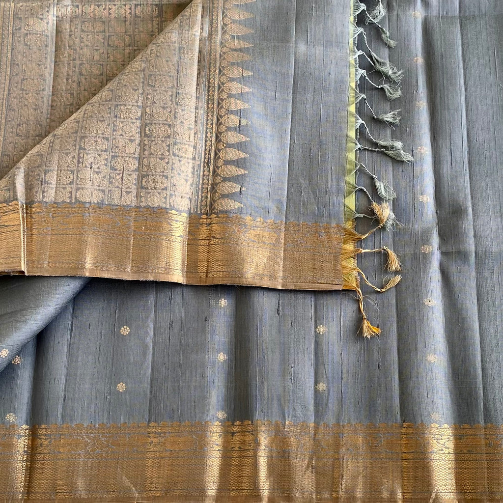 Steel Blue Designer Raw Pure Silk Saree With Antique Gold Pallu & Pastel Green Blouse