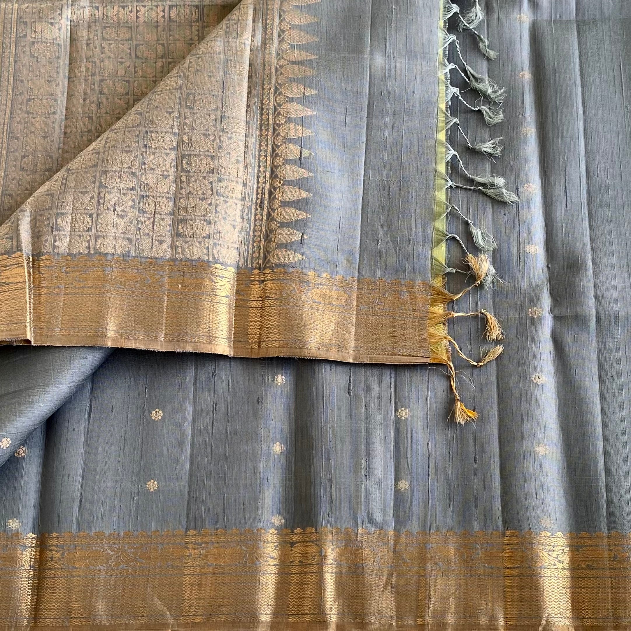Steel Blue Designer Raw Pure Silk Saree With Antique Gold Pallu & Pastel Green Blouse
