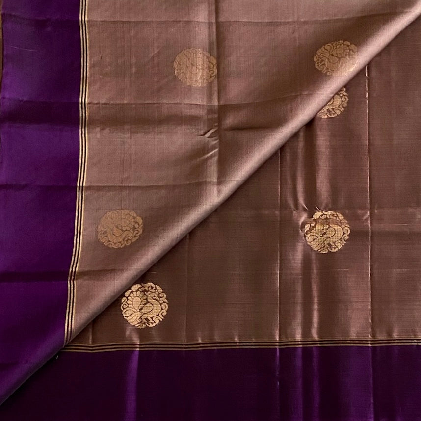 Metallic Biscuit Brown Designer Pure Silk With Royal Purple Pallu