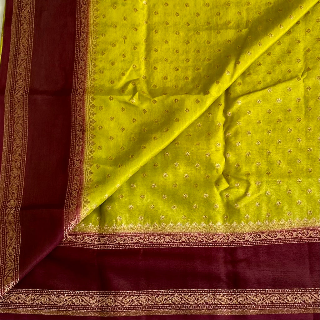 Chartreuse Green Banarasi Crepe Silk Saree With Deep Maroon Pallu