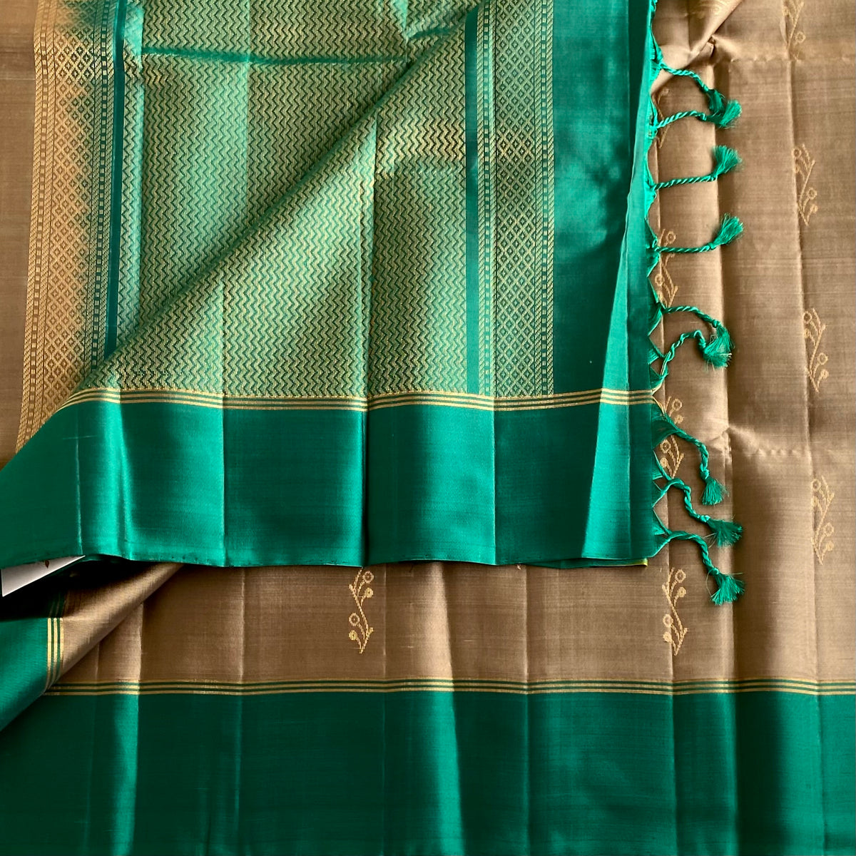 Taupe Greyish Brown & Teal Green Designer Pure Silk Saree With Gold Zari