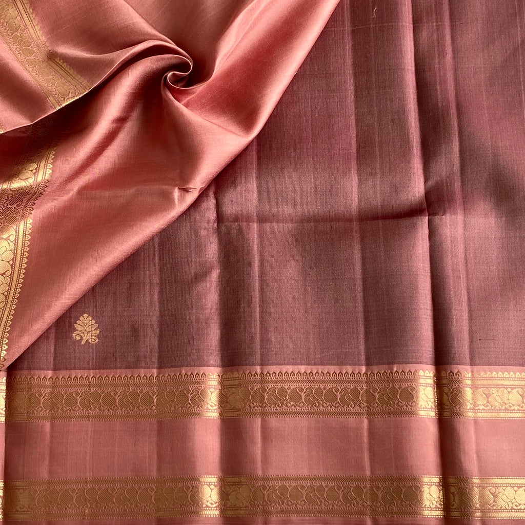 Rarest Metallic Bronze Designer Pure Silk Saree With Dusty Rose Zari Pallu