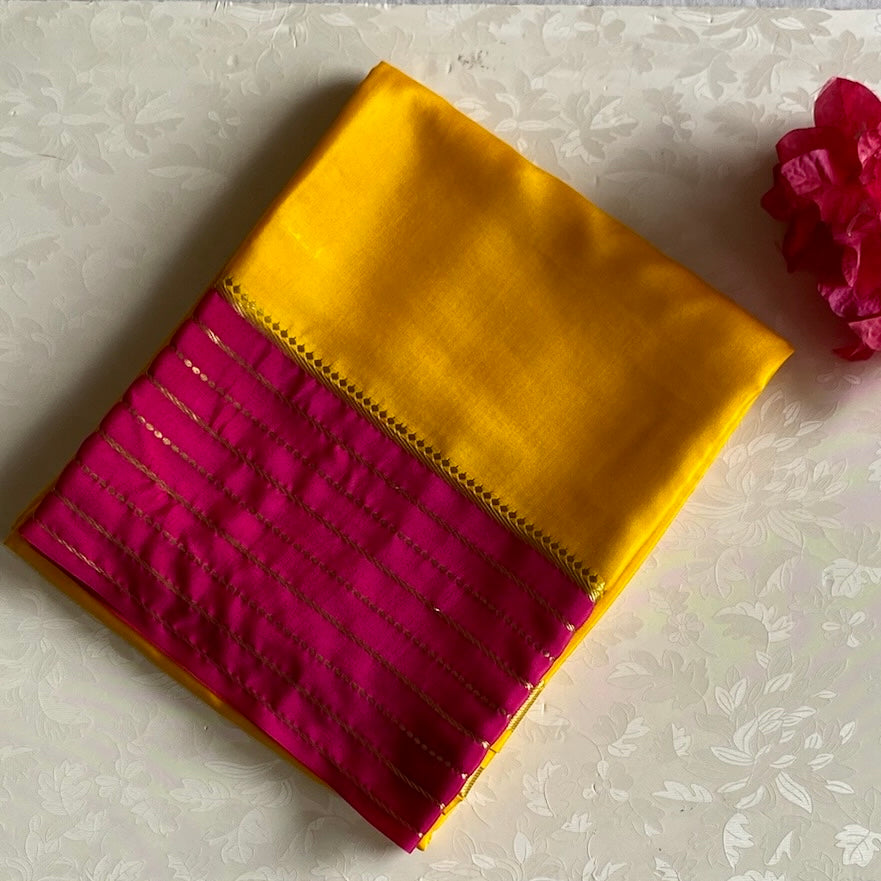 Mustard Yellow Mysore Crepe Silk Saree With Rani Pink Pallu