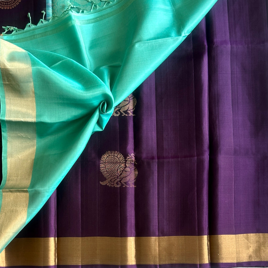 Aubergine Silk Saree with Mint Turquoise Pallu and Gold Zari