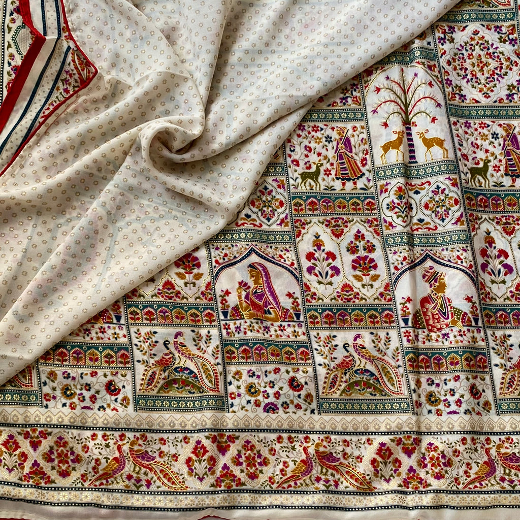 Ivory Paisley Peacock Saree Teal Magenta Gold Traditional Handloom Weave