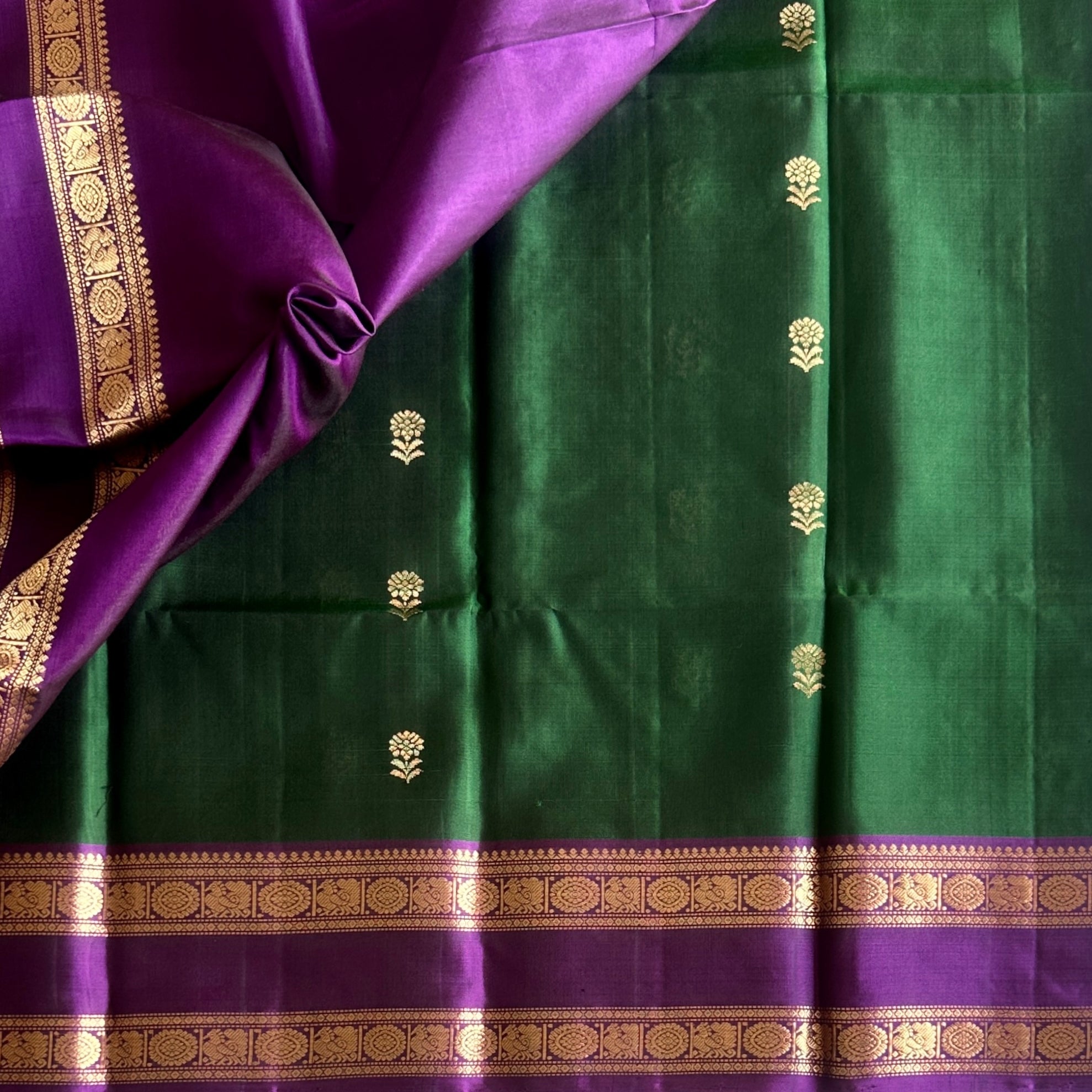 Royal Purple Emerald Green Silk Saree Gold Brocade Border