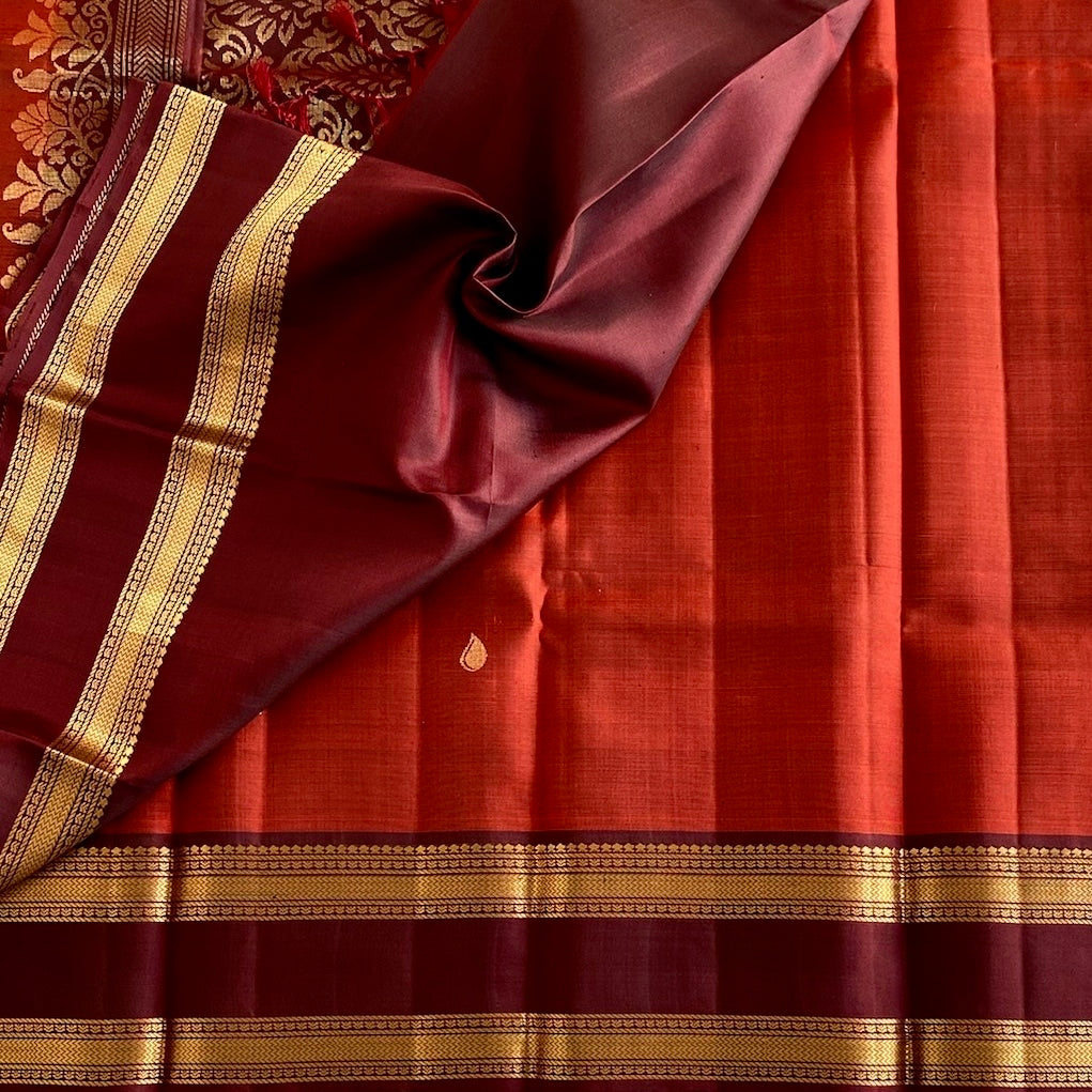 Burnt Orange Designer Pure Silk Stunner With Deep Maroon Pallu