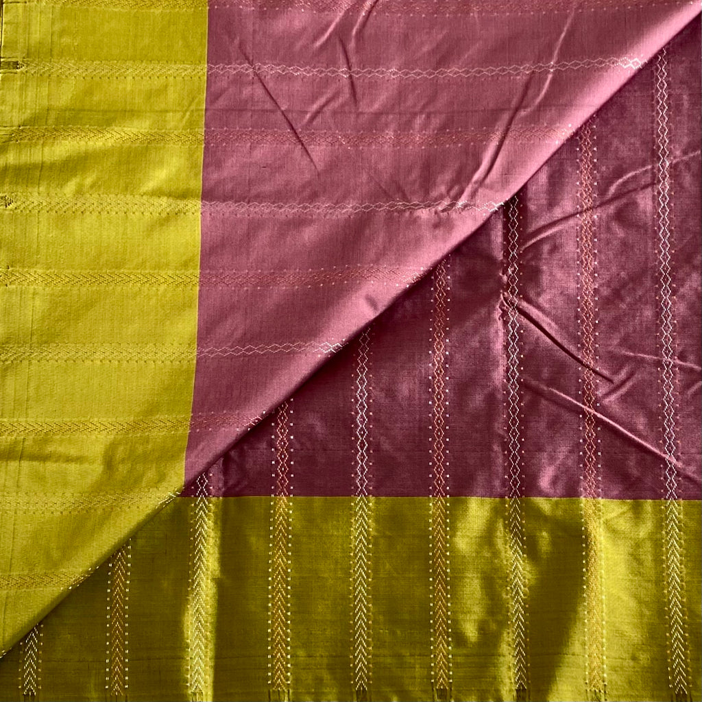 Mauve Soft Mixed Silk Saree With Chartreuse Pallu And Gold Zari