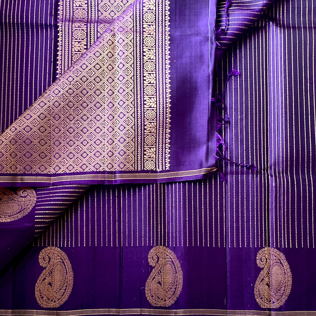 Royal Purple Silk Saree Antique Gold Brocade Paisley Lattice