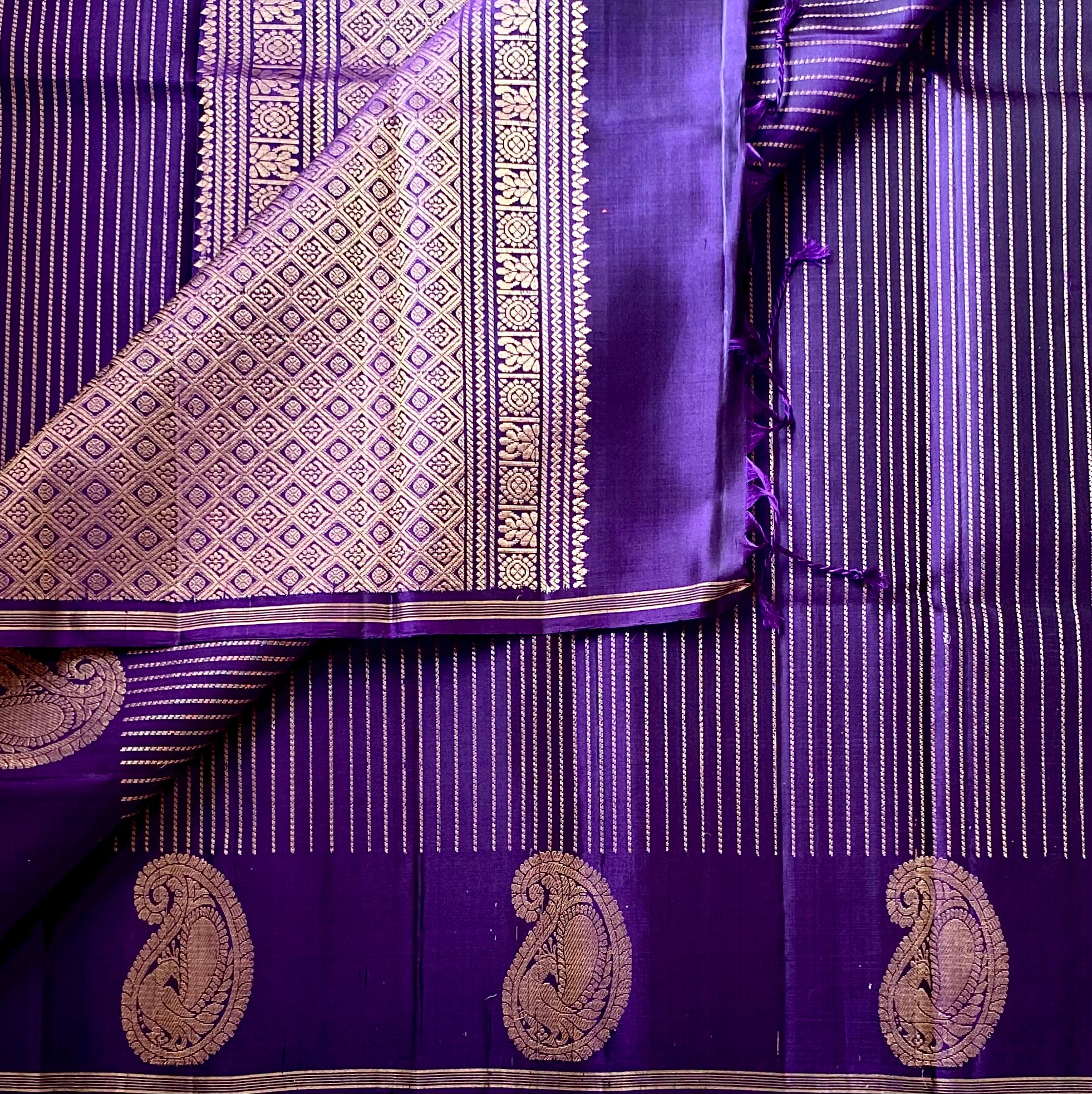 Royal Purple Silk Saree Antique Gold Brocade Paisley Lattice