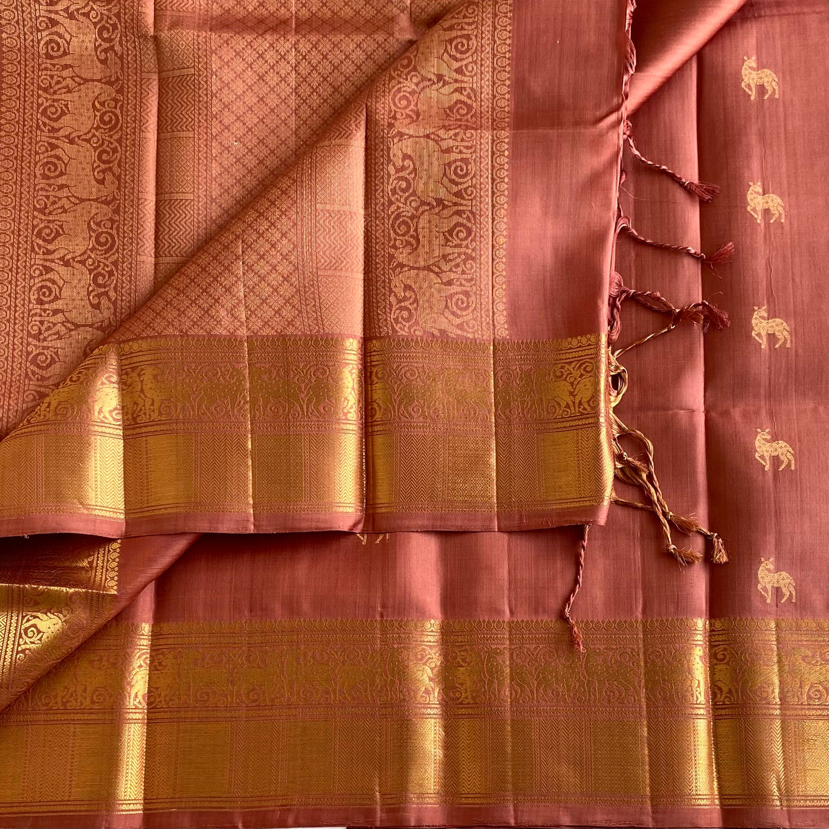 Bronze Copper Designer Pure Silk Saree With Antique Gold Zari