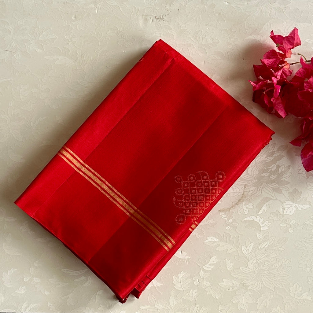 Scarlet Red Designer Pure Silk Saree With Kollam Zari Work
