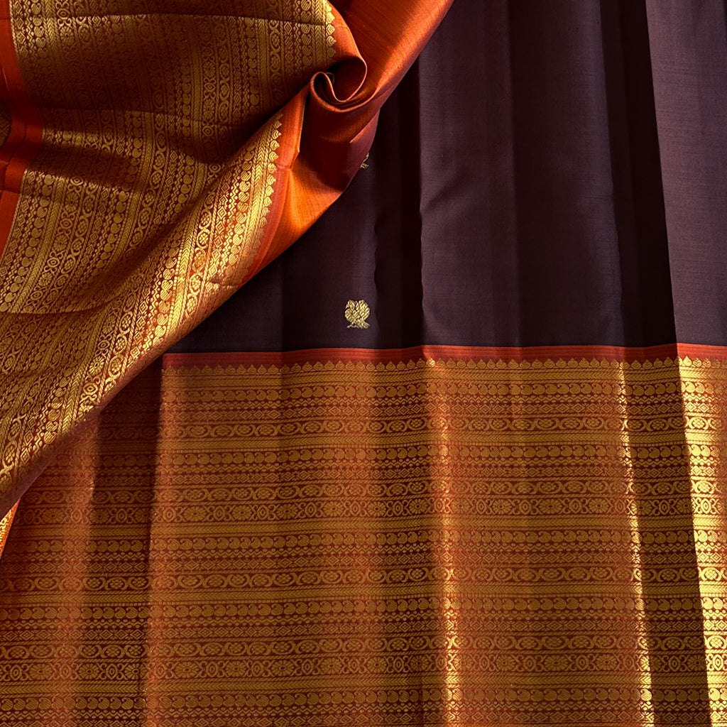 Deep Coffee Brown Luxurious Kanjeevaram Pure Silk with Rust orange borders