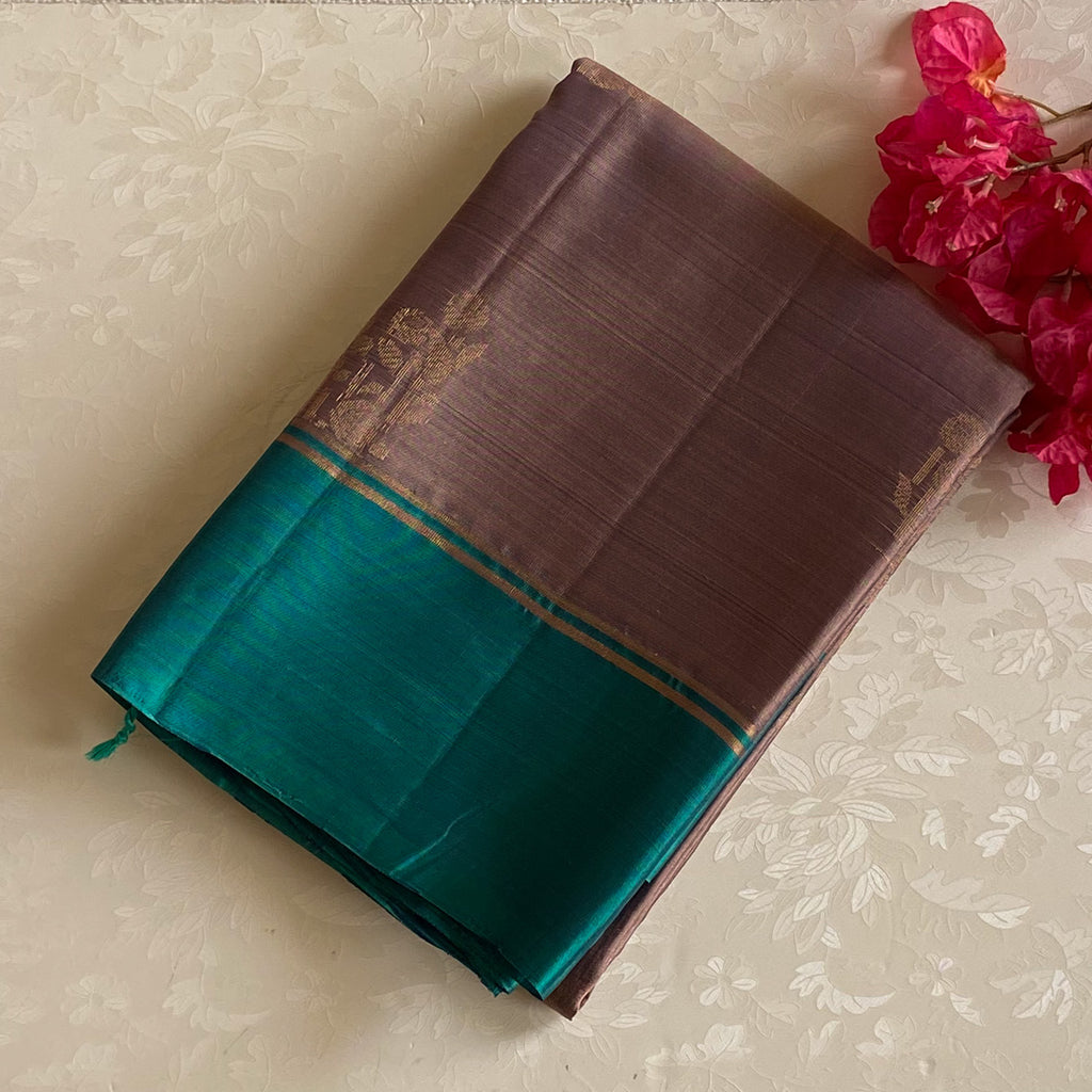 Metallic Greyish Mauve rare Beauty with Teal Handwoven pure silk