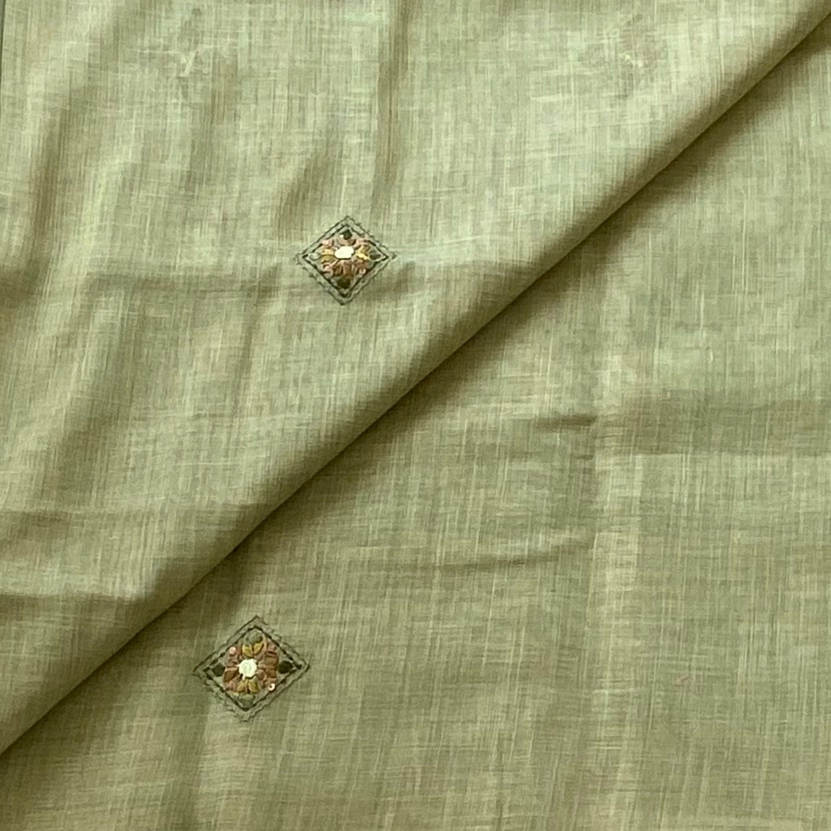 Taupe Linen Saree Sage Green Embroidered Pallu Peach Border Floral