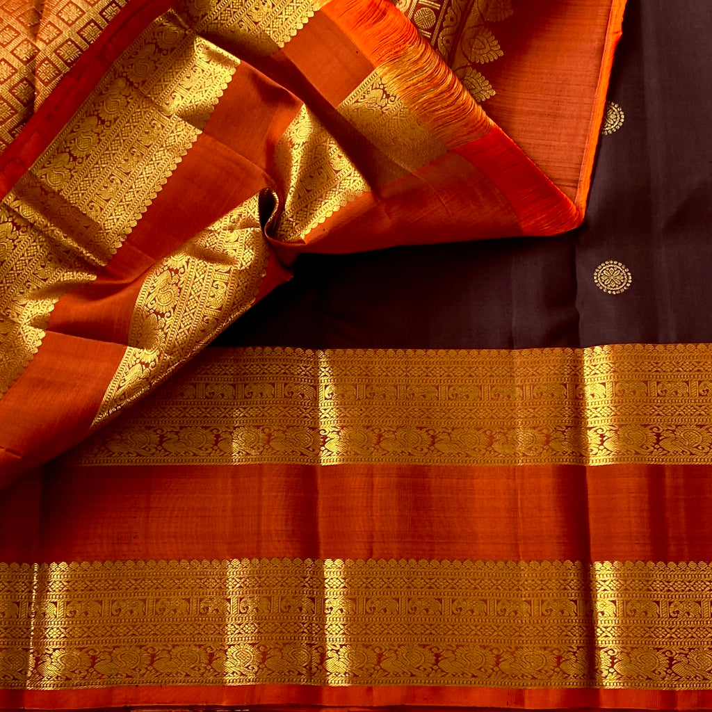 Burnt Orange Brocade Diamond Saree With Aubergine Pallu Gold Zari