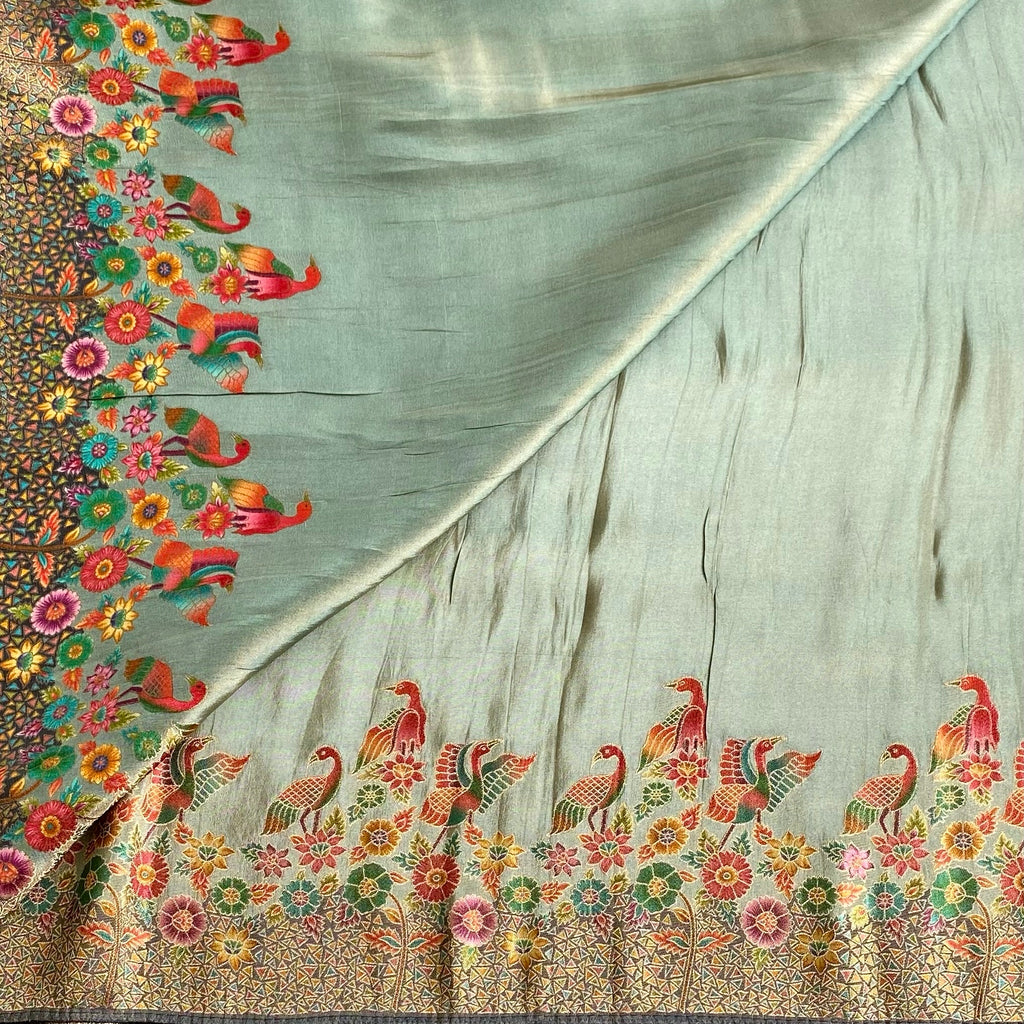 Sage Green Soft Premium Tissue Silk With Coral Red Meenakari Weave