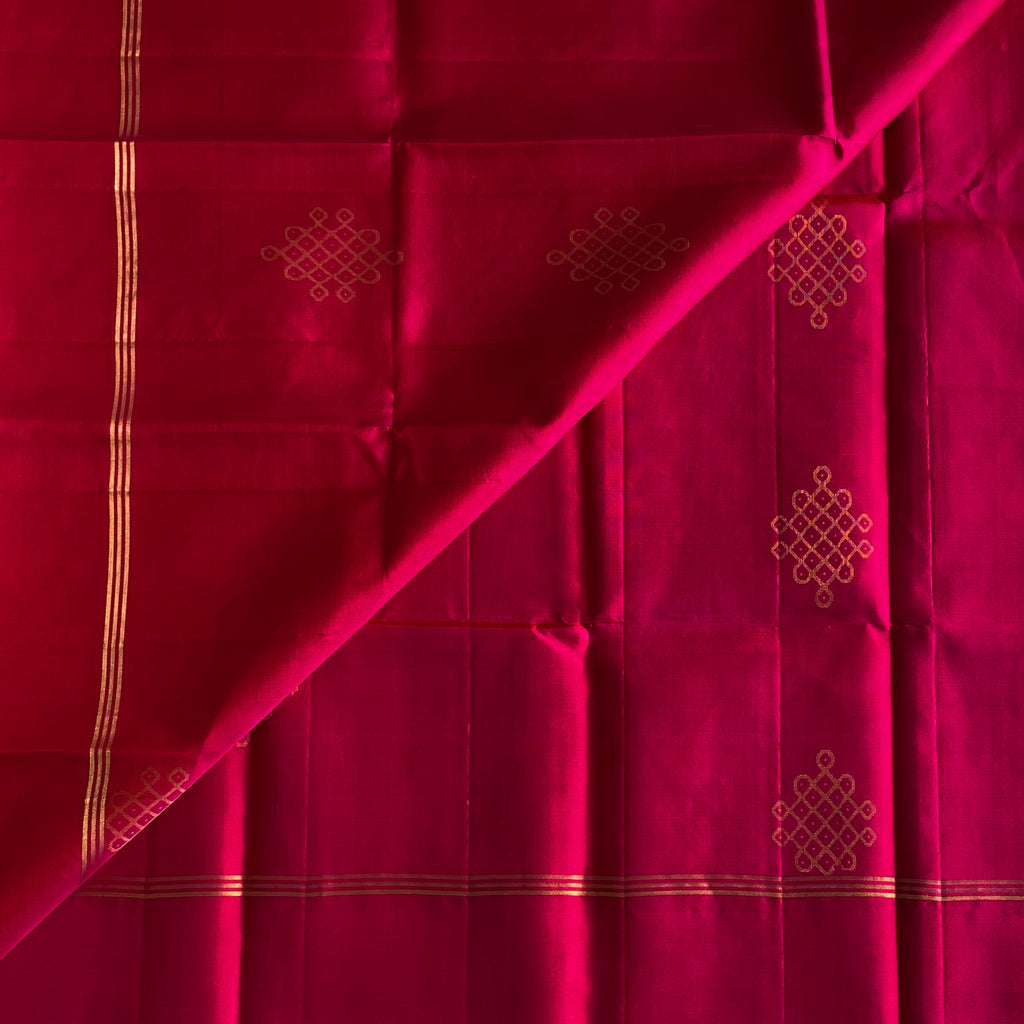 Cherry Pink Handwoven Silk Saree With Lime Yellow Kollam Zari Woven Beauty