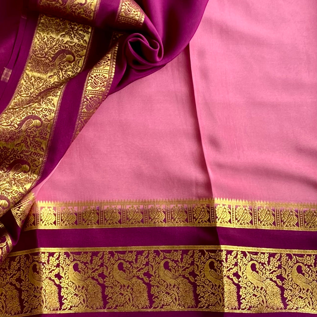 Mysore Crepe Silk Soft Rose Pink Saree With Deep Magenta Pallu