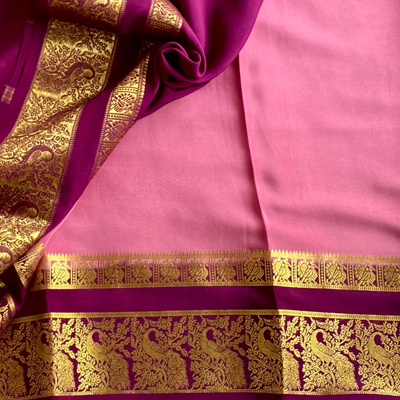 Mysore Crepe Silk Soft Rose Pink Saree With Deep Magenta Pallu