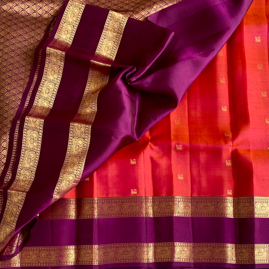 Dual Shaded Orange Designer Pure Silk With Magical Purple Pallu
