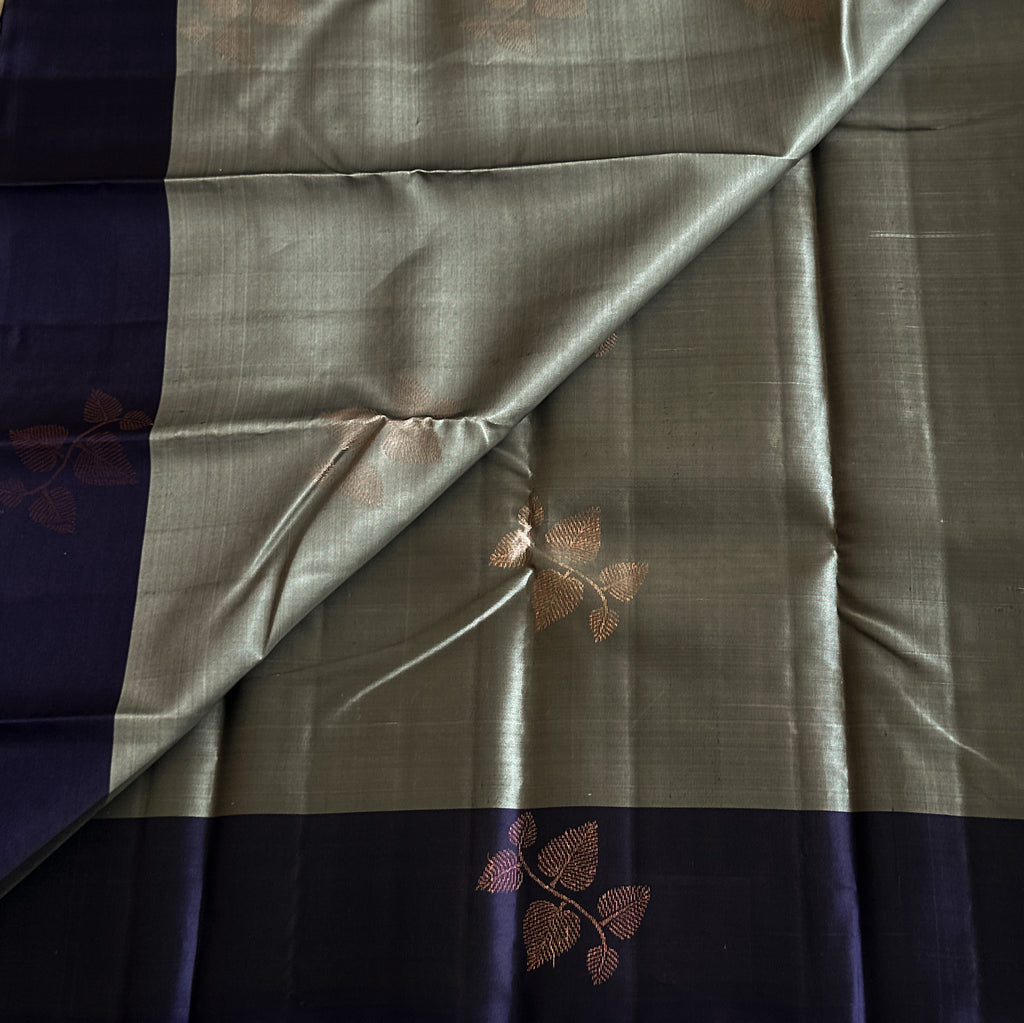 Deep Violet Pale Steel Blue Saree With Copper Leaf Zari