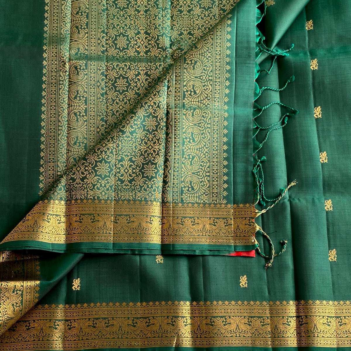 Deep Teal Green Designer Pure Silk Saree With Antique Gold Pallu