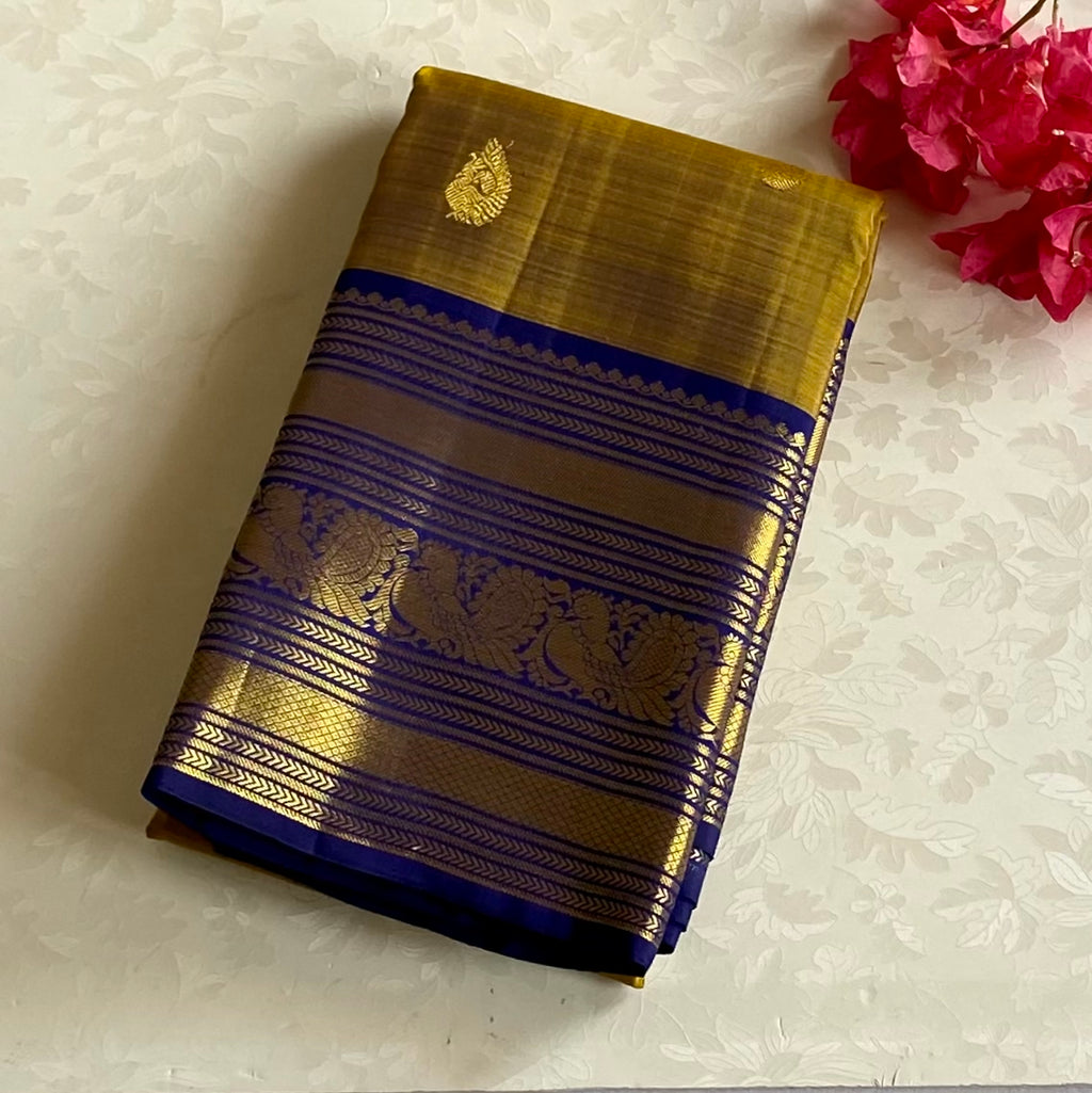 Mustard Yellow Royal Blue Silk Saree with Gold Zari Border