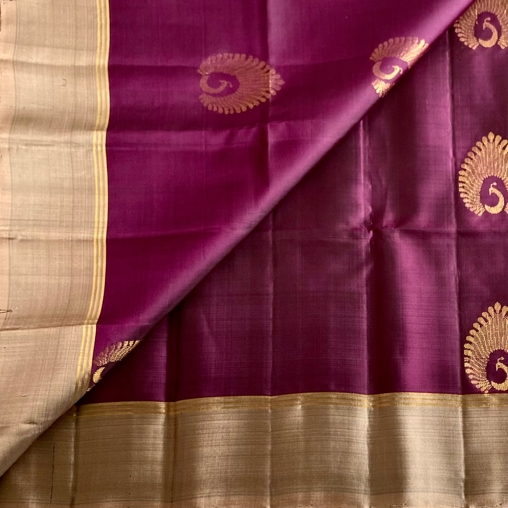 Deep Plum Designer Pure Silk Saree With Antique Greyish Gold Pallu