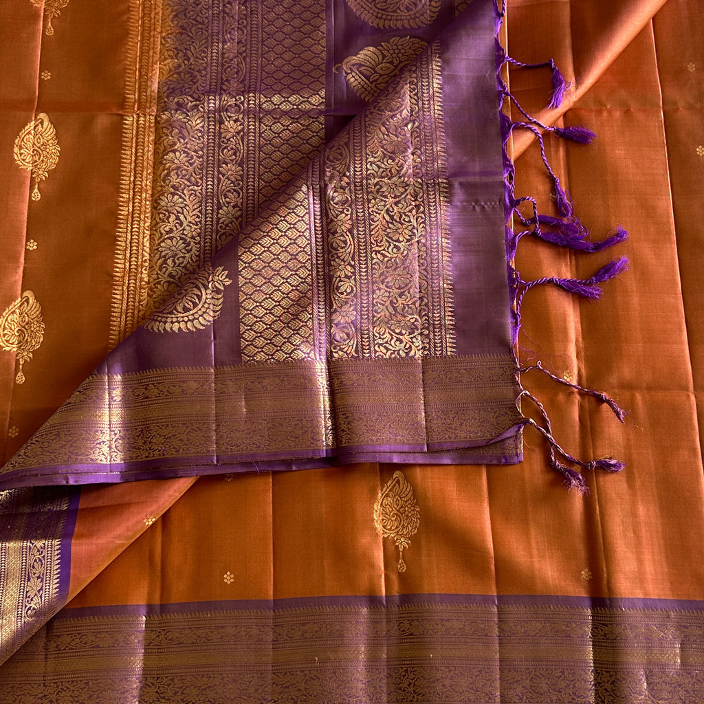 Mesmerising Subtle Rust Orange With Metallic Lavender Designer Pure Silk