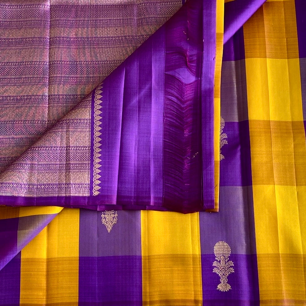 Mustard Yellow Kanjeevaram Pure Zari Silk Saree With Royal Purple Checks