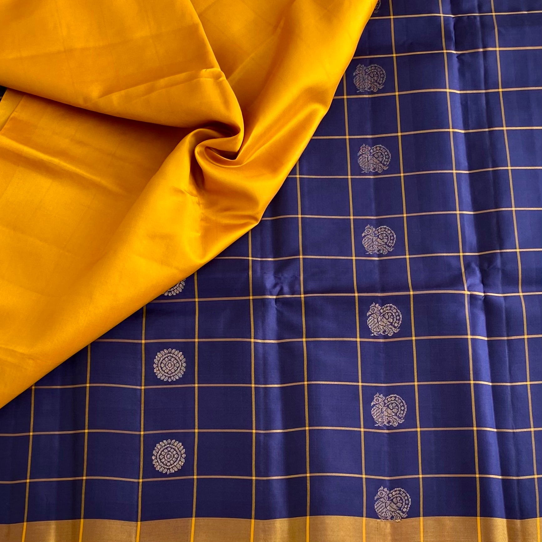 Indigo Blue Designer Pure Silk Saree With Mustard Yellow Pallu