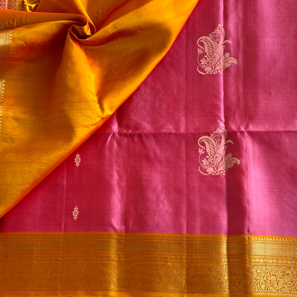 Metallic Rose And Mustard Orange Designer Pure Silk Saree With Zari Pallu