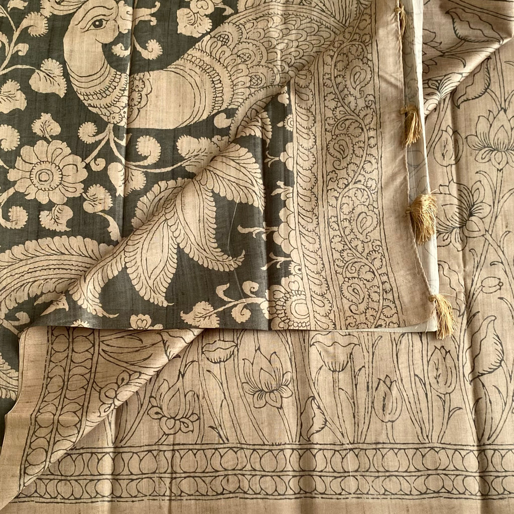 Natural Beige Grey Soft Tussar Silk Saree With Warm Grey Accents