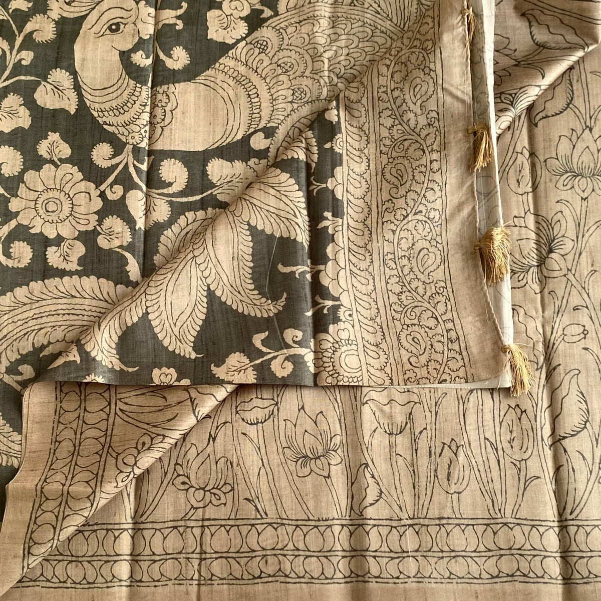Natural Beige Grey Soft Tussar Silk Saree With Warm Grey Accents