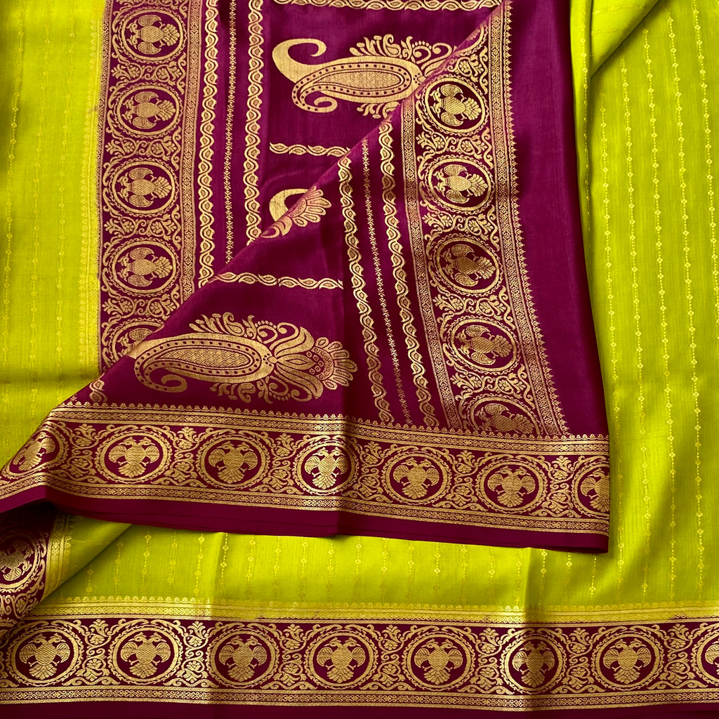 Chartreuse Silk Saree Magenta Brocade Gold Zari Festive Traditional Medallion
