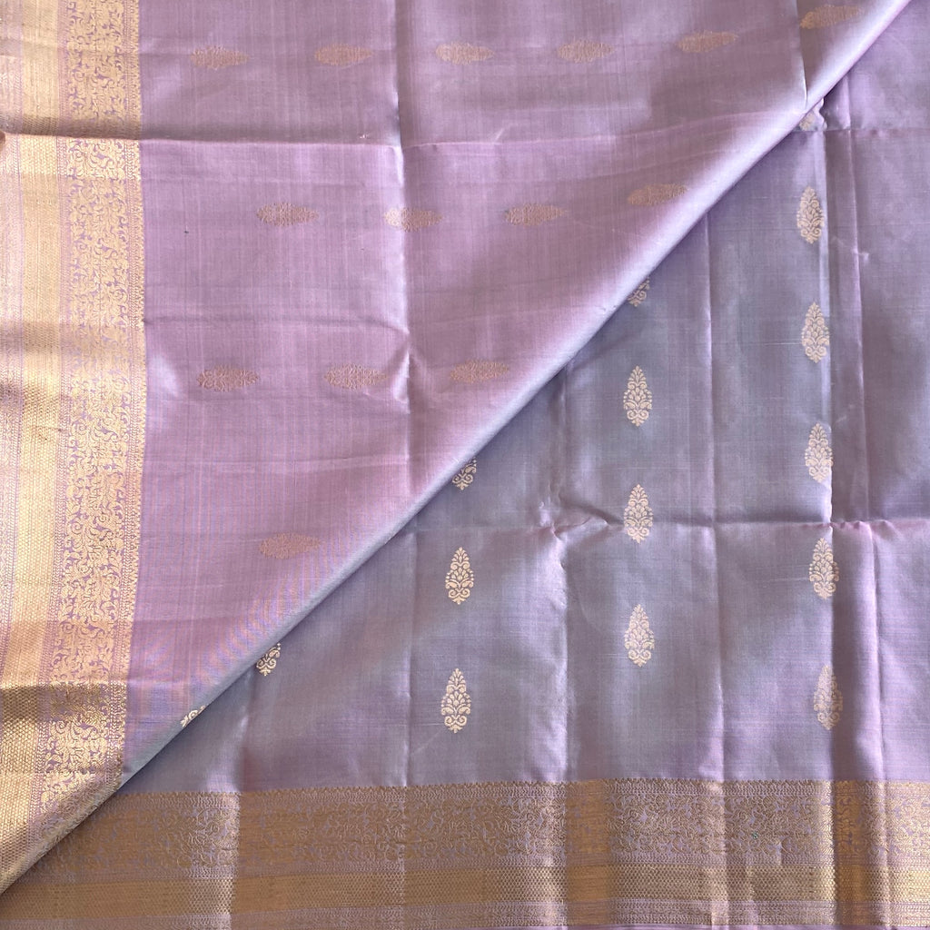 Dusty Dual Shaded Lavender Designer Pure Silk Saree With Antique Gold Pallu