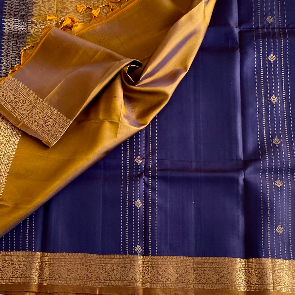 Royal Blue Designer Pure Silk Saree With Mustard Gold Pallu