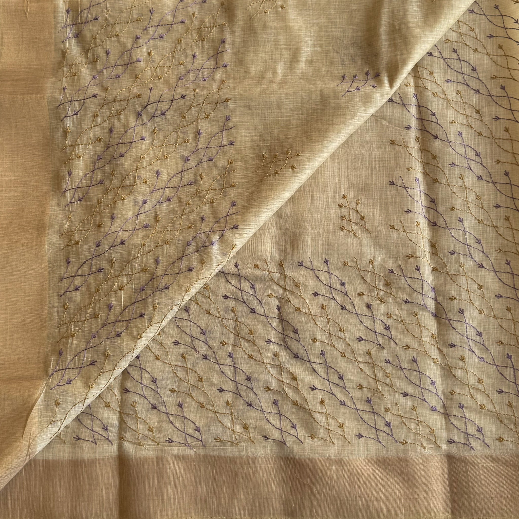 Ivory Beige Embroidered Vine Saree with Dusty Rose Border and Zari